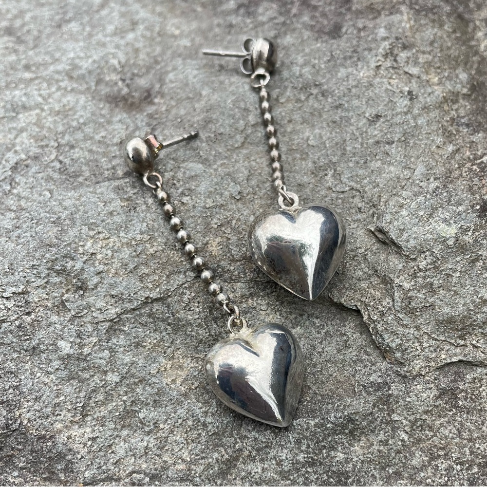 Vintage Sterling Puffed Heart Silver Chain Earrings